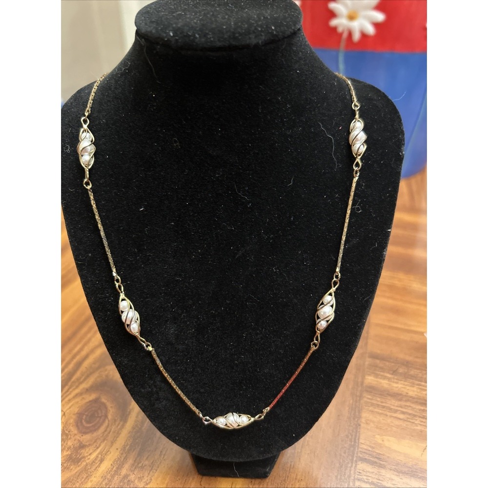Gold Tone‎ Long Necklace Caged Pearls Korea